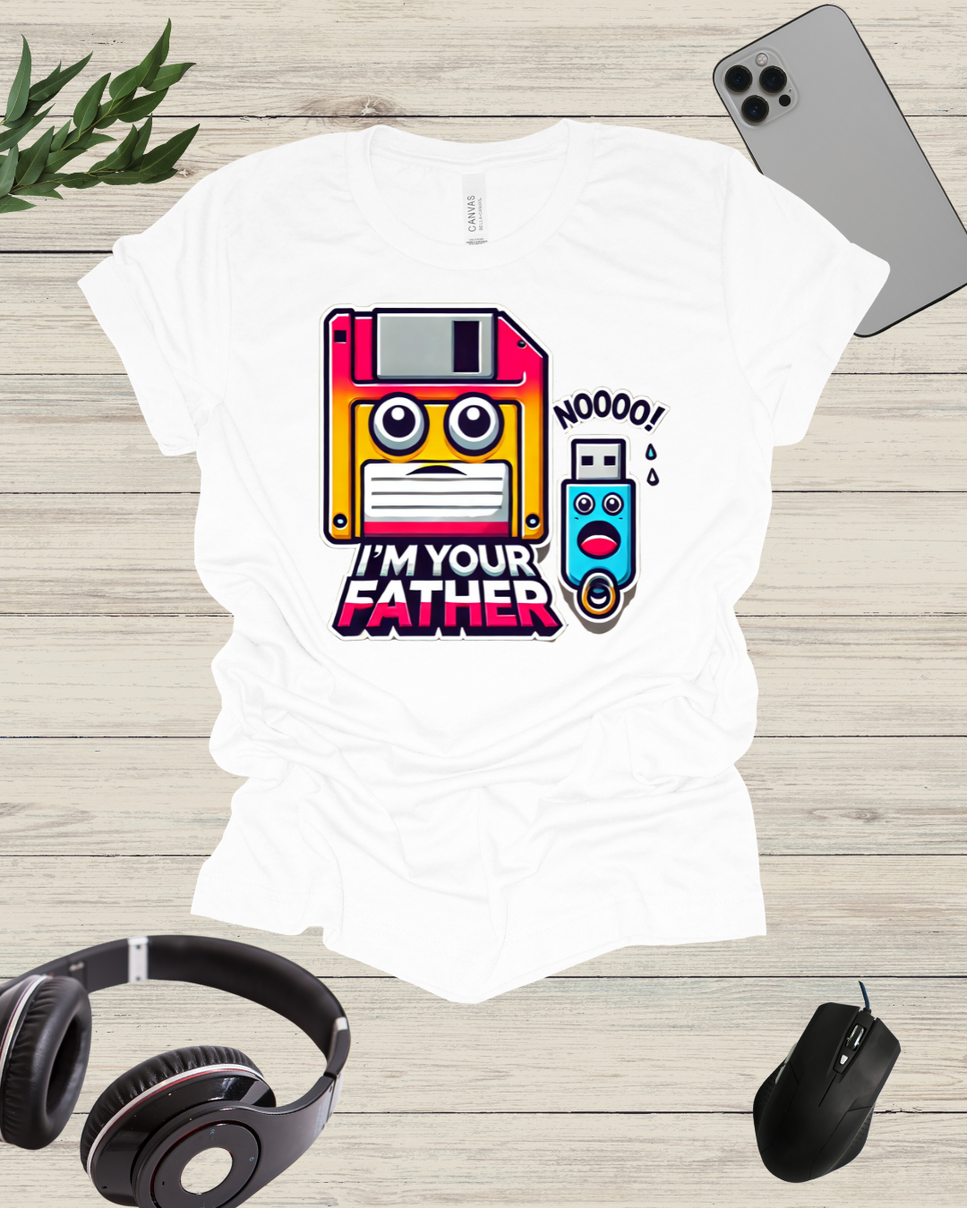 a t - shirt that says, i'm your father with headphones and