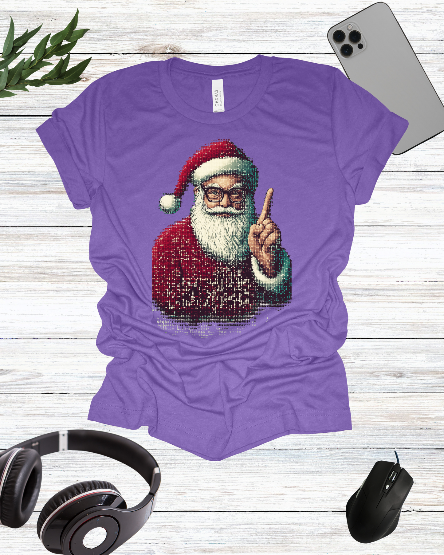 a purple shirt with a picture of a santa clause on it