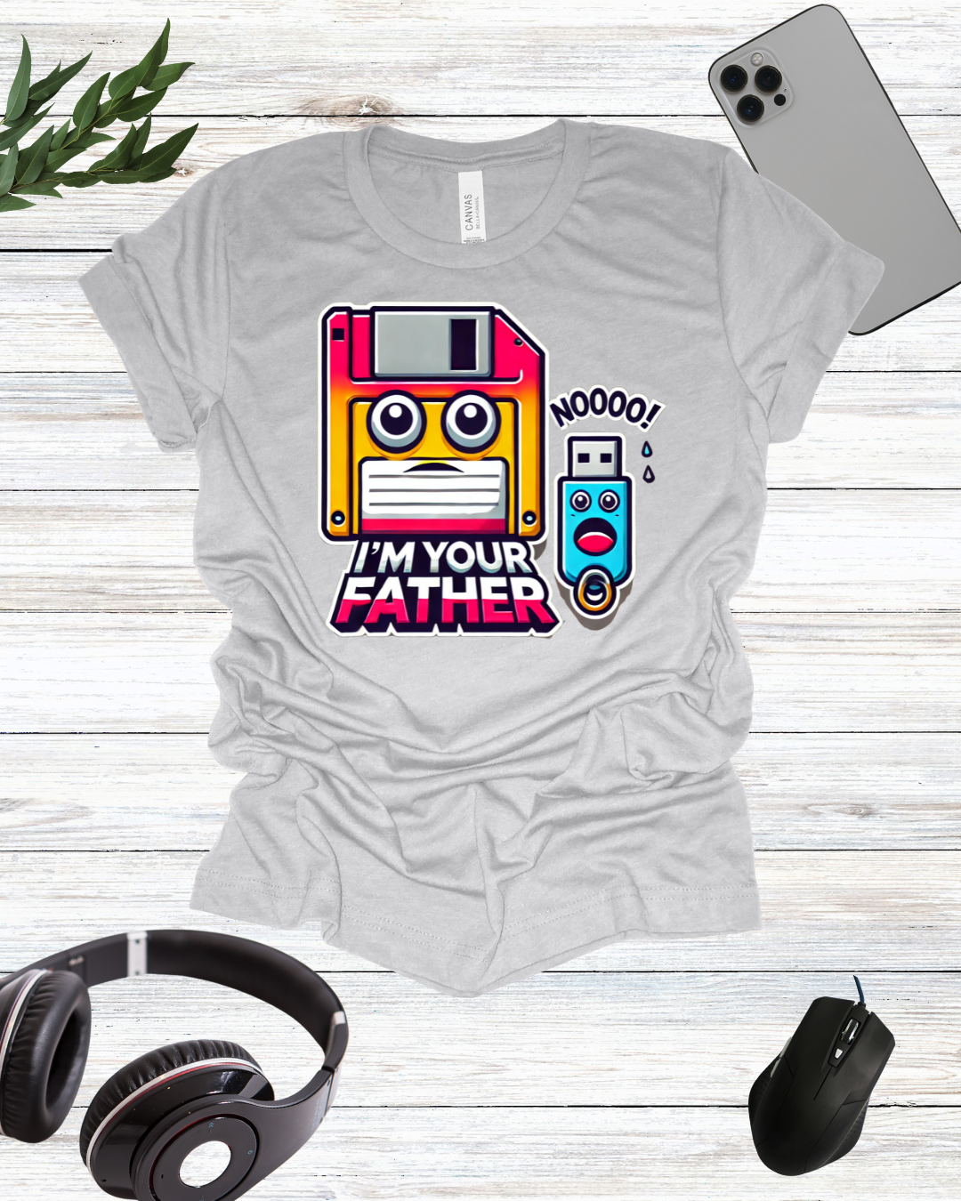 a t - shirt that says i'm your father with headphones and head