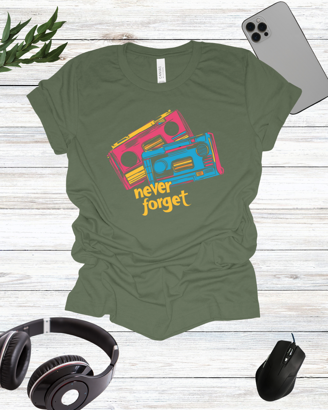 a t - shirt that says never forget with headphones and headphones