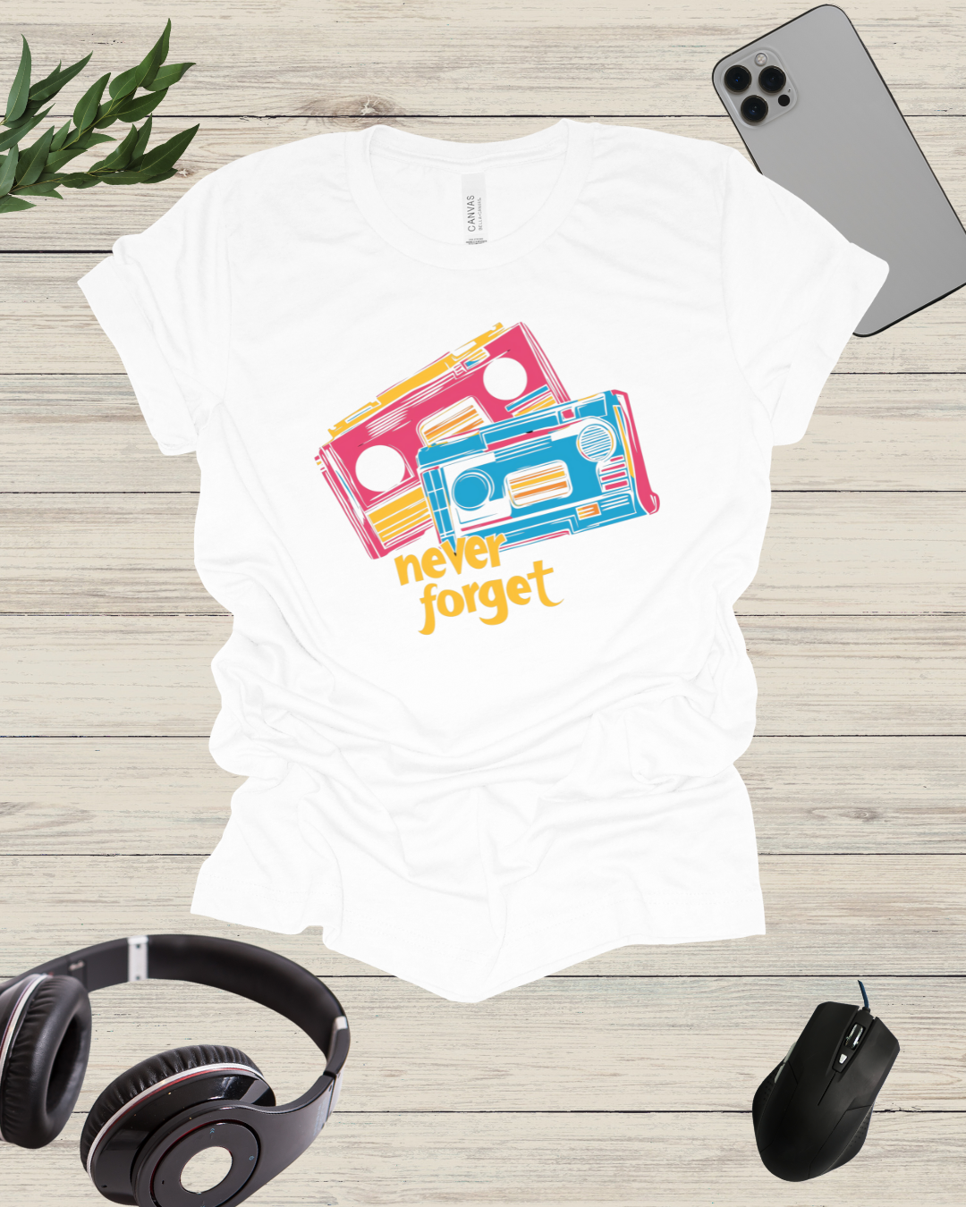 a t - shirt with a picture of a cassette player and headphones