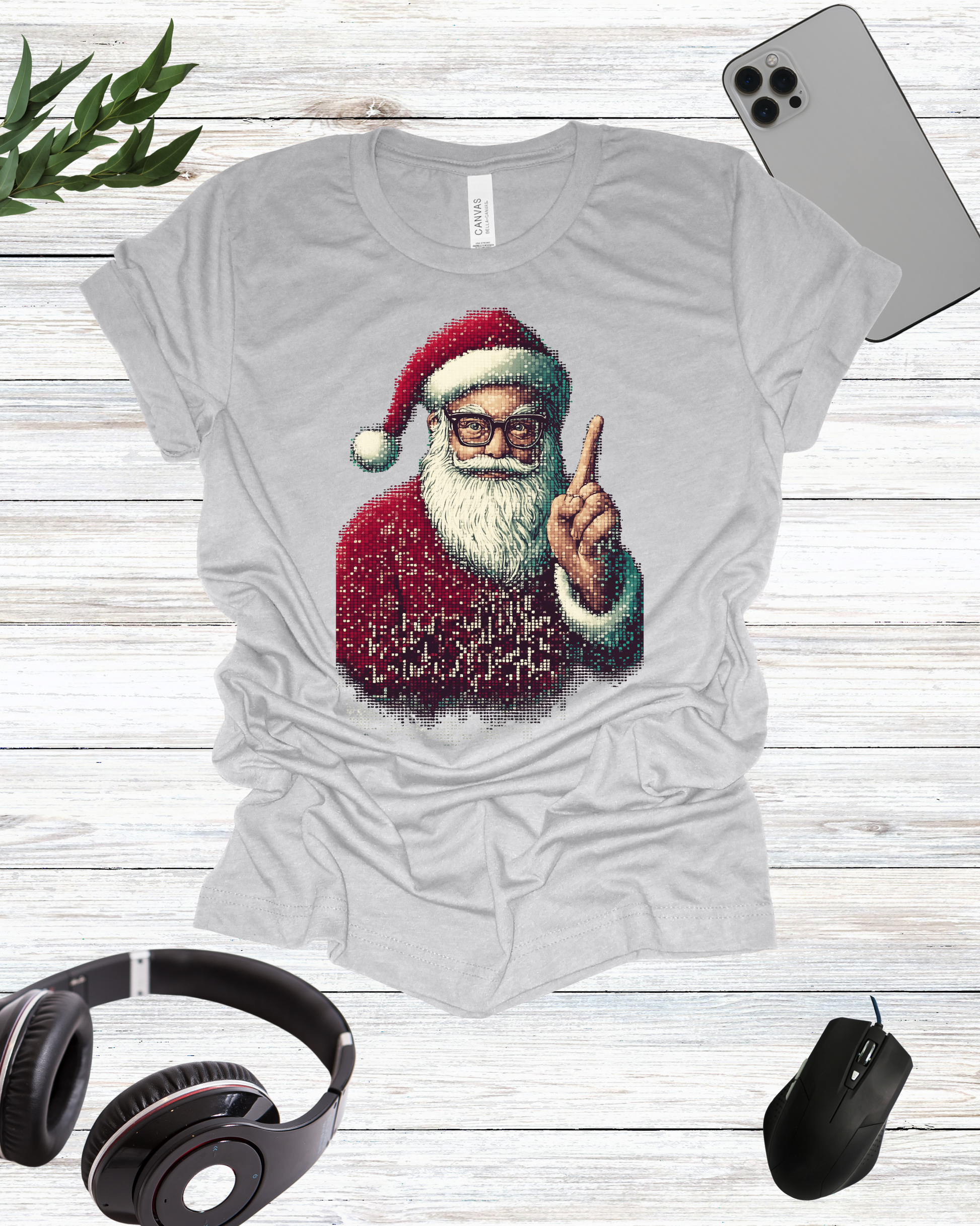 a white shirt with a santa clause on it