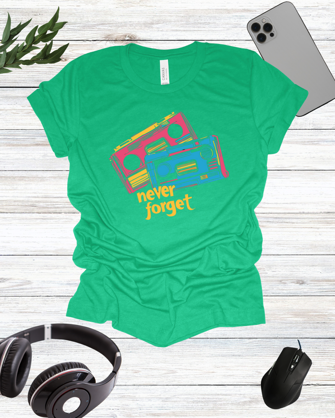 a green t - shirt with the words never forget on it