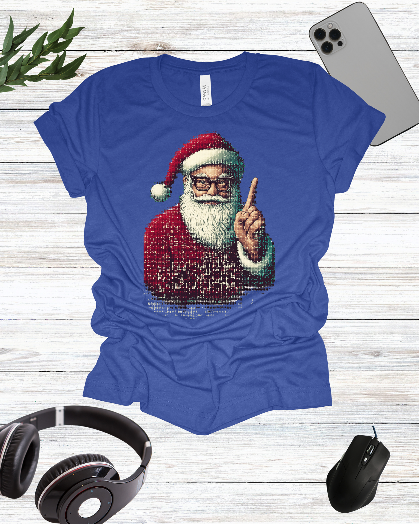 a blue shirt with a santa clause on it