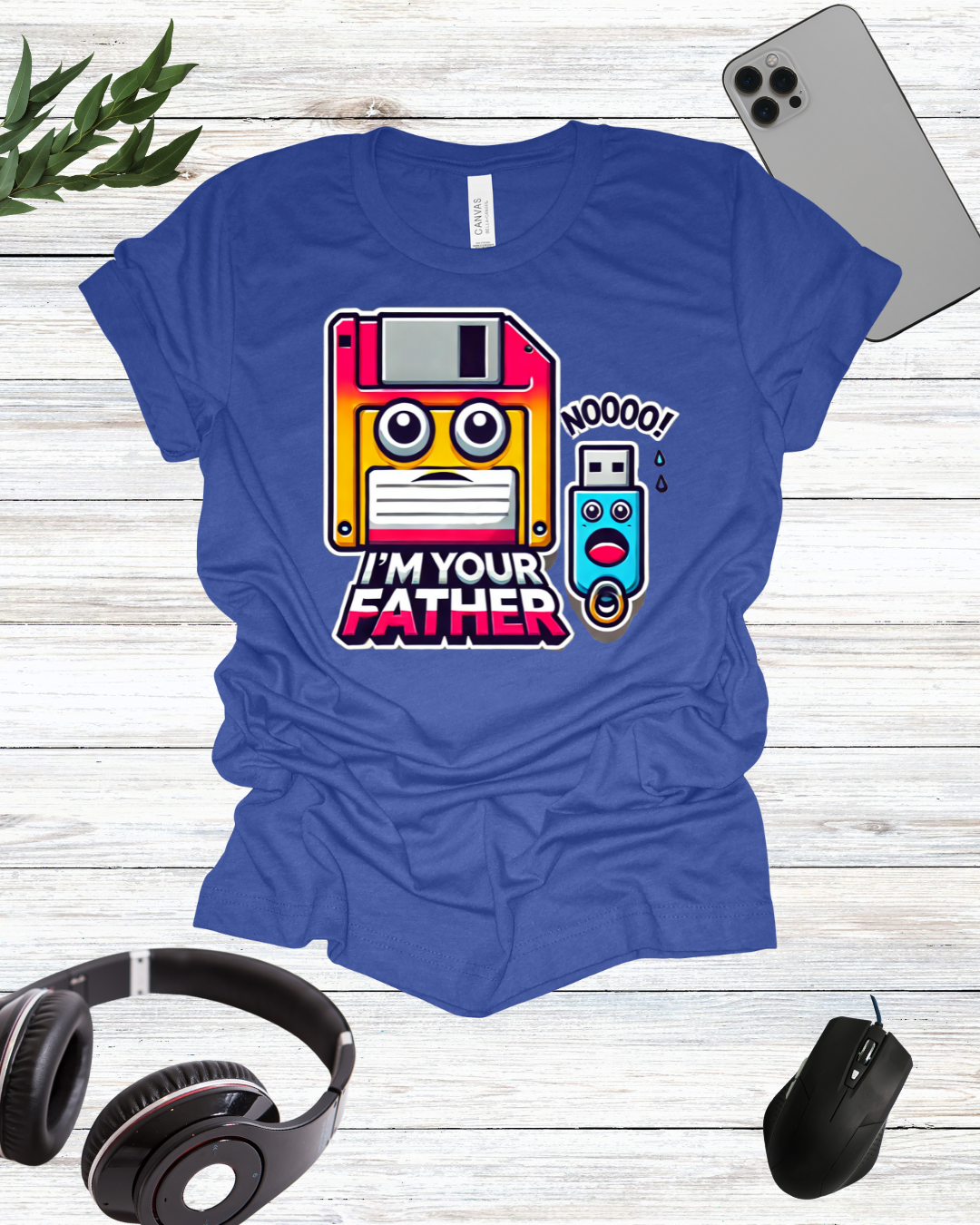 a t - shirt that says, i'm your father with headphones and